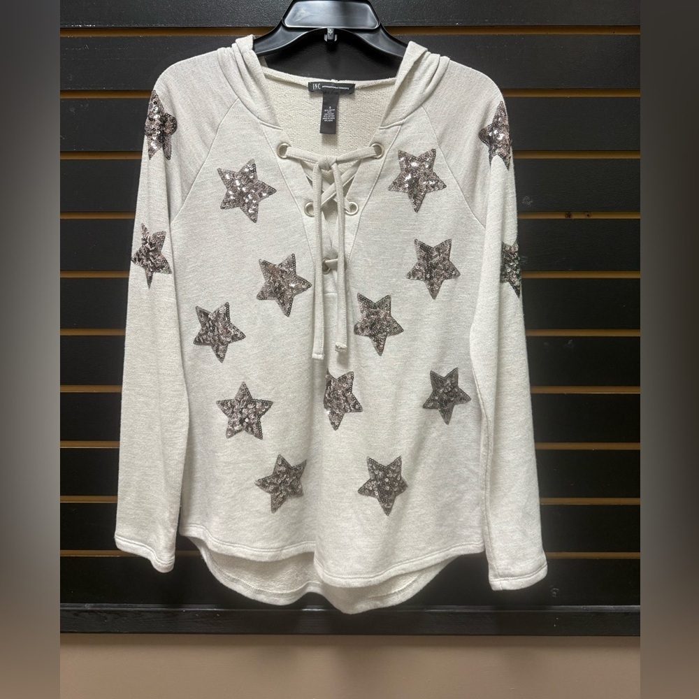 INC International Concepts Sequin Star Hoodie Lace-Up Sweatshirt Size S
